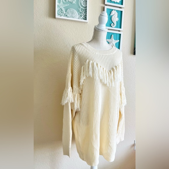 VICI Crewneck Fringe Trim Drop Shoulder Sweater Dress Cream X Large - Picture 3 of 10